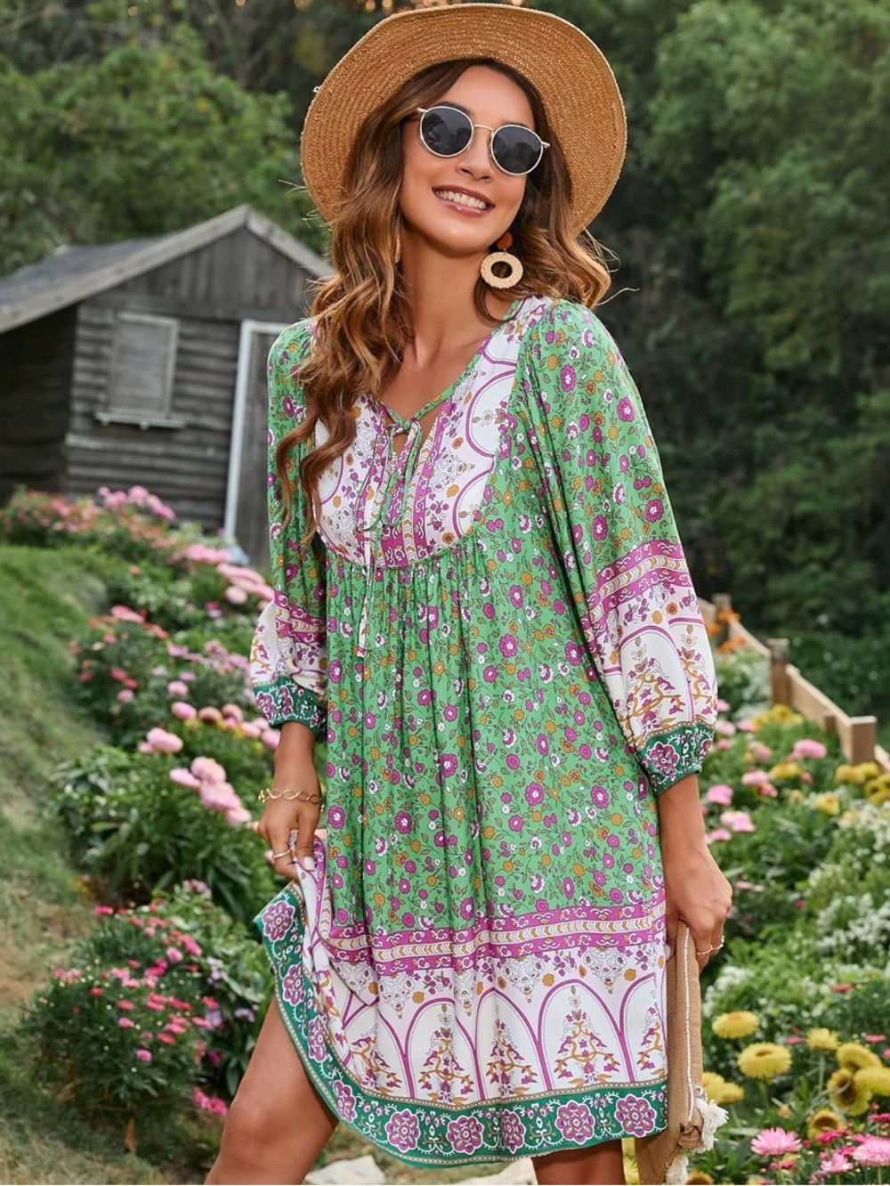 Bluetime Women 3/4 Sleeve Babydoll Floral Print Dress Size Large